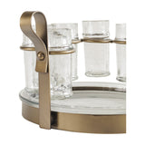 Libra Interiors Hammered Glass 6 Shot Glass Set close-up showing smoke gold iron holsters, looped handle, and clear textured shot glasses above a round tray.