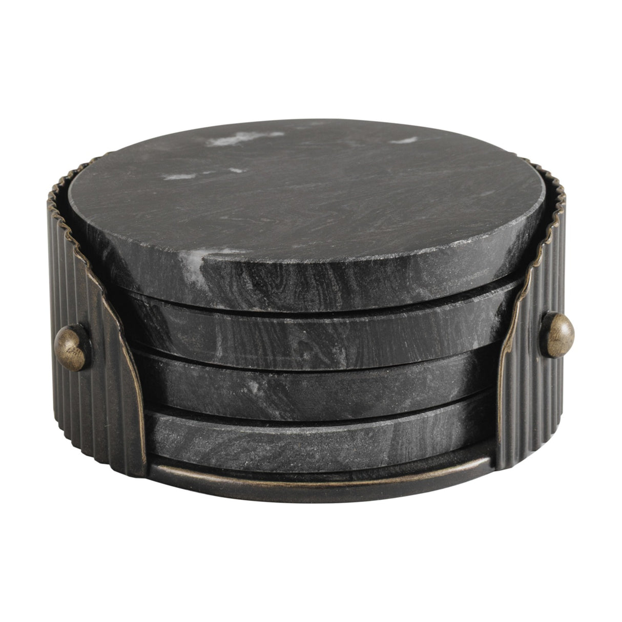 Libra Interiors Marble Round Set of 4 Coasters in black Markino marble with natural veining, stacked in a ribbed dark bronze iron holder with stud detailing.