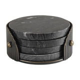 Libra Interiors Marble Round Set of 4 Coasters in black Markino marble with natural veining, stacked in a ribbed dark bronze iron holder with stud detailing.
