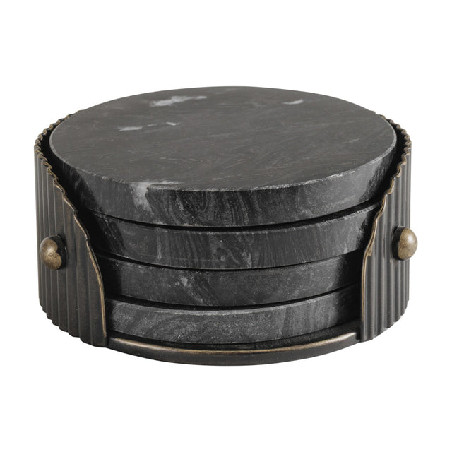 Libra Interiors Marble Round Set of 4 Coasters in black Markino marble with natural veining, stacked in a ribbed dark bronze iron holder with stud detailing.