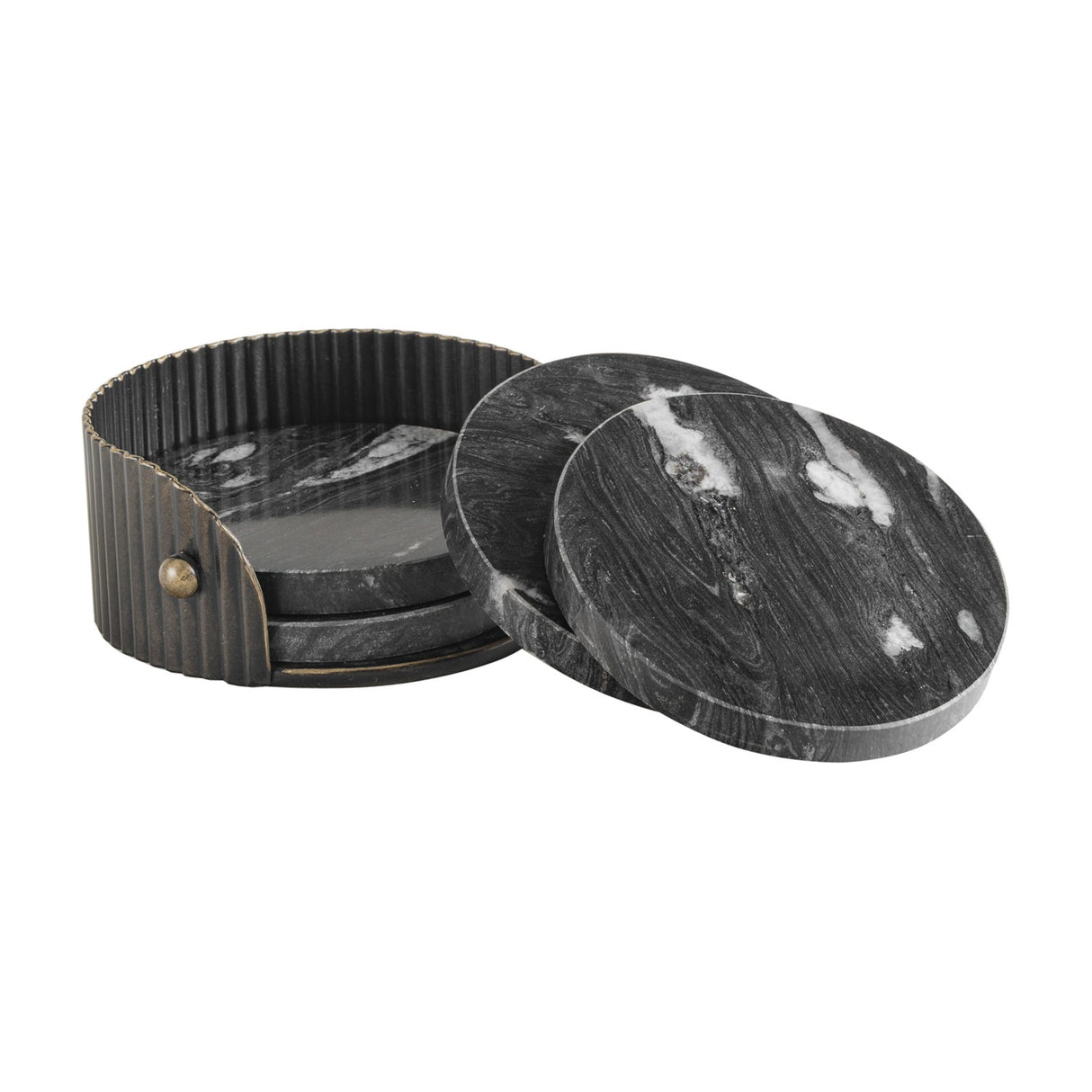 Libra Interiors Black Marble Round Coaster set with two coasters resting against a ribbed dark bronze iron holder holding the remaining discs.