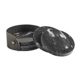Libra Interiors Black Marble Round Coaster set with two coasters resting against a ribbed dark bronze iron holder holding the remaining discs.