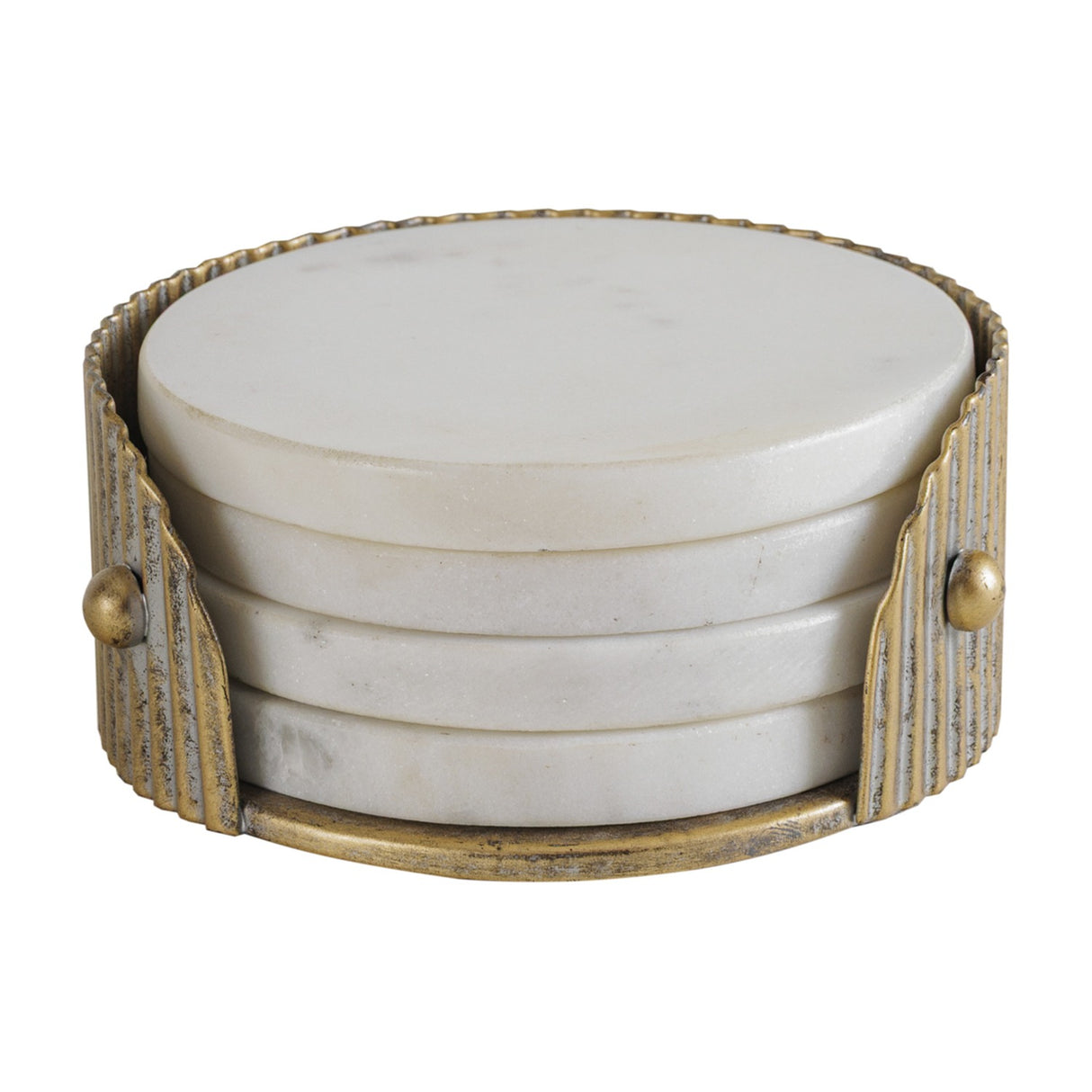 Libra Interiors Marble and Aged Gold Round Coaster set with four white Banswara marble discs stacked in a corrugated aged gold iron holder.