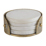 Libra Interiors Marble and Aged Gold Round Coaster set with four white Banswara marble discs stacked in a corrugated aged gold iron holder.