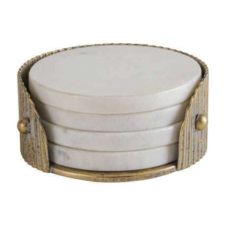 Libra Interiors Marble and Aged Gold Round Coaster set with four white Banswara marble discs stacked in a corrugated aged gold iron holder.