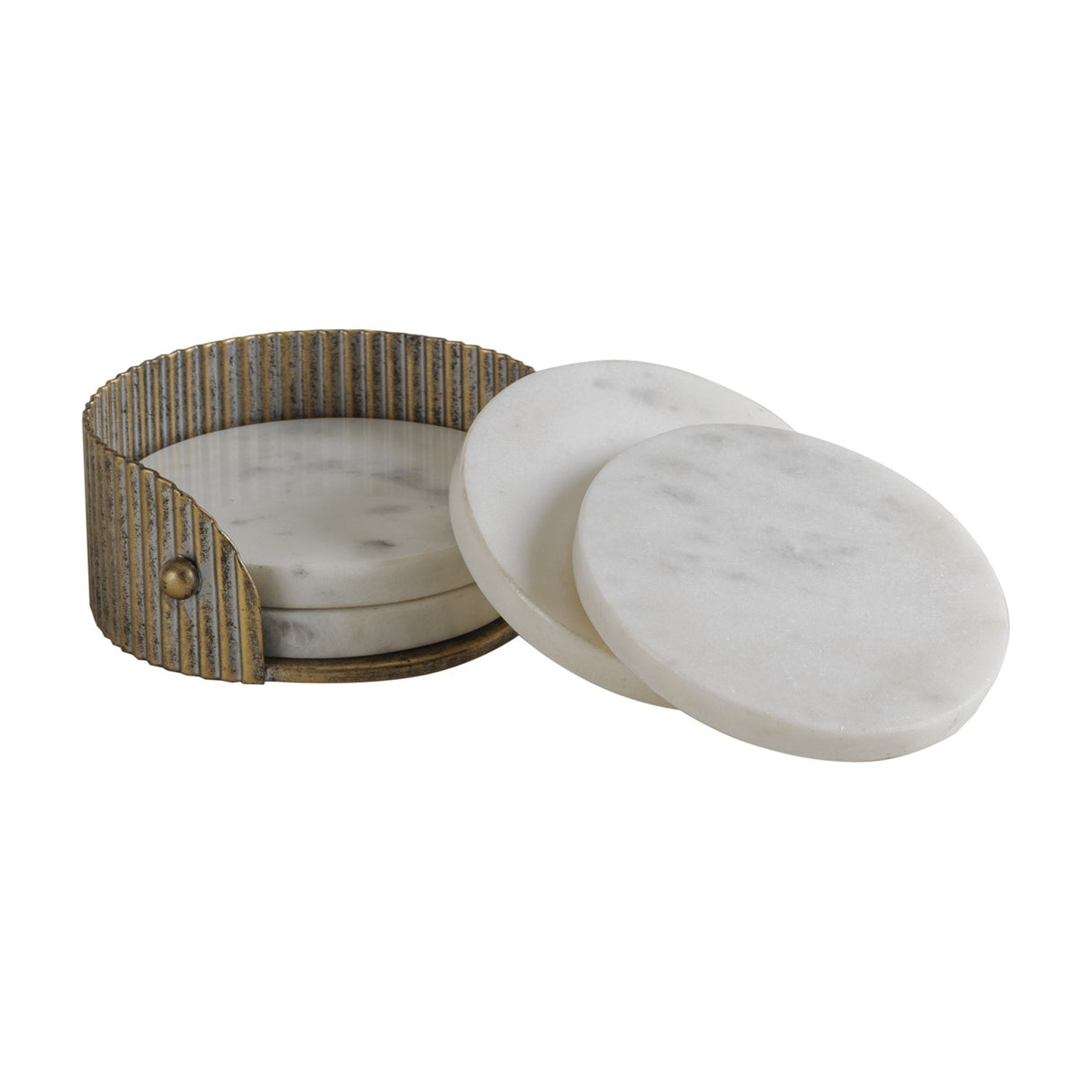 Libra Interiors round coaster set with white Banswara marble discs featuring soft grey veining in a corrugated aged gold iron holder.