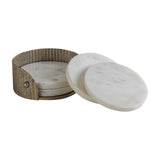 Libra Interiors round coaster set with white Banswara marble discs featuring soft grey veining in a corrugated aged gold iron holder.