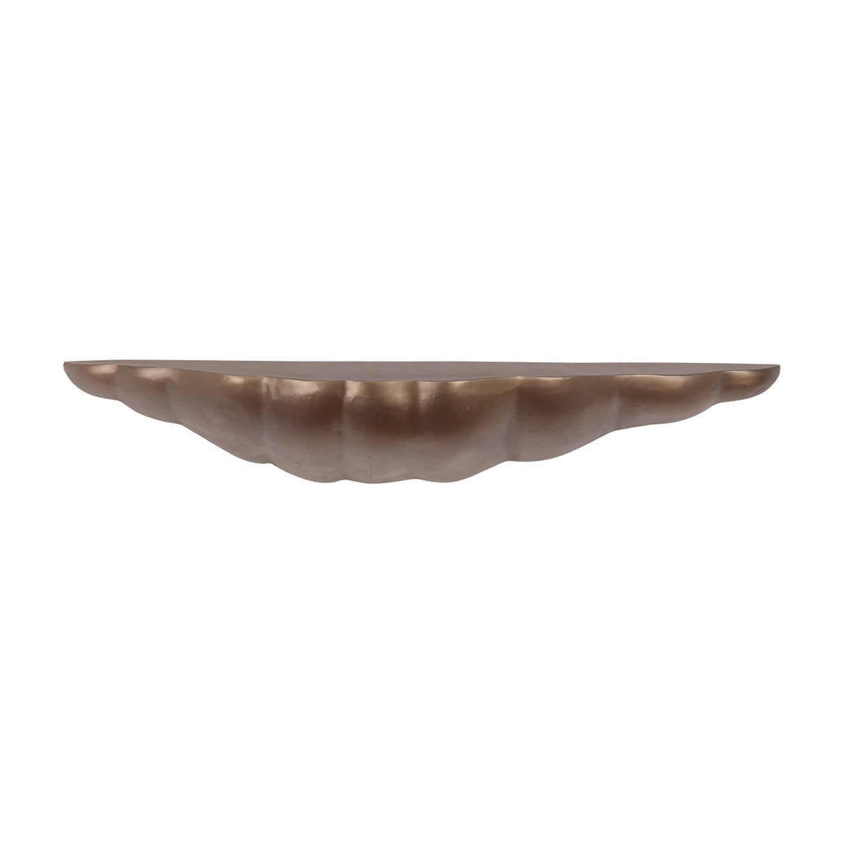 Libra Interiors cast aluminium sculpted wall shelf in antique brass, with an organic asymmetric shell-like form and lightly textured finish, on white.