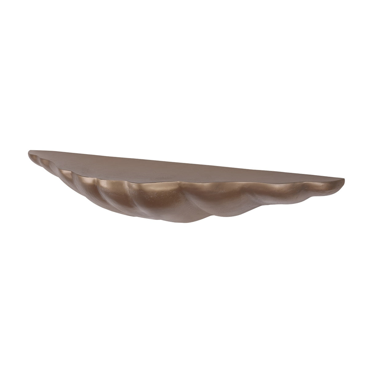 Libra Interiors cast aluminium sculpted wall shelf in antique brass, shown side-on revealing its organic shell-like underside and textured finish.