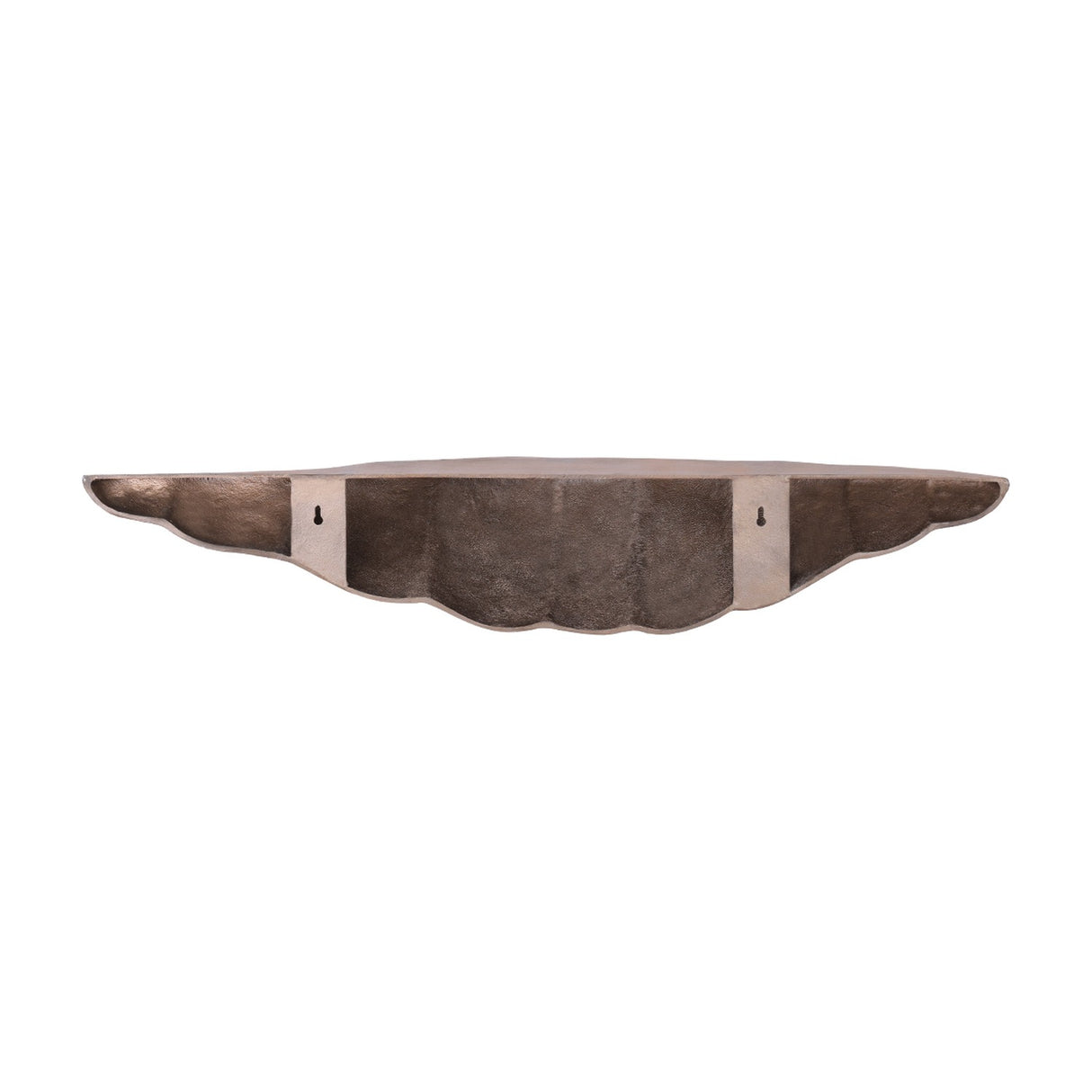 Libra Interiors cast aluminium sculpted wall shelf in antique brass, shown from the front with its organic wing-like profile and keyhole wall fixings.