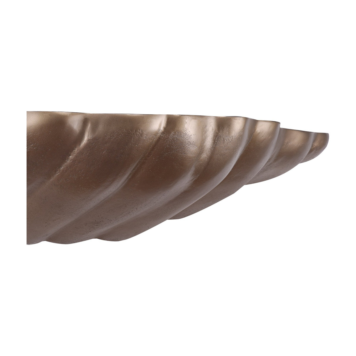 Libra Interiors cast aluminium sculpted wall shelf in antique brass, shown in close-up with a rippled organic edge and lightly textured finish.