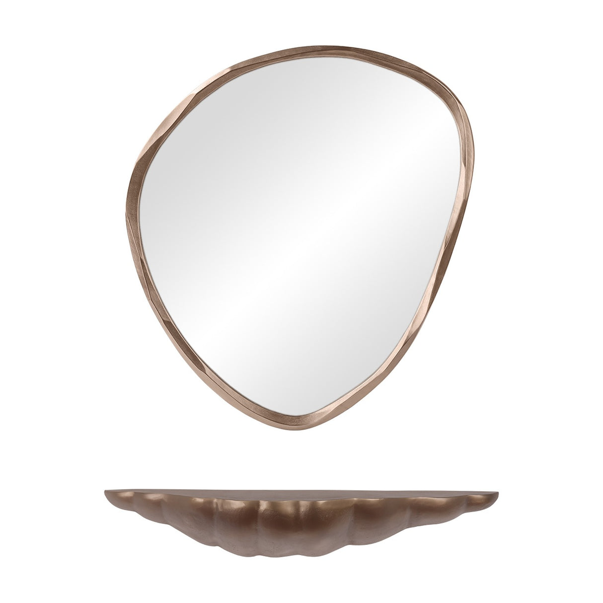 Libra Interiors cast aluminium sculpted wall shelf in antique brass shown below a coordinating organic-shaped brass-framed mirror on a white background.