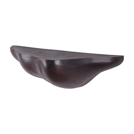 Libra Interiors cast aluminium sculptural wall shelf in bronze, with a softly contoured underside and lightly textured finish, shown on a white background.