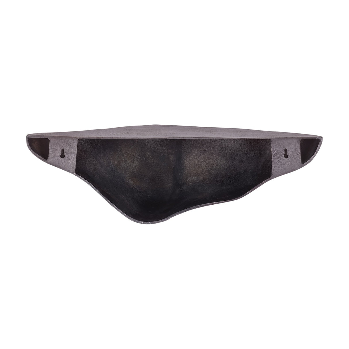 Libra Interiors Cast Aluminium Sculptural Wall Shelf in bronze, shown from the front with a curved organic underside and keyhole wall fixings.