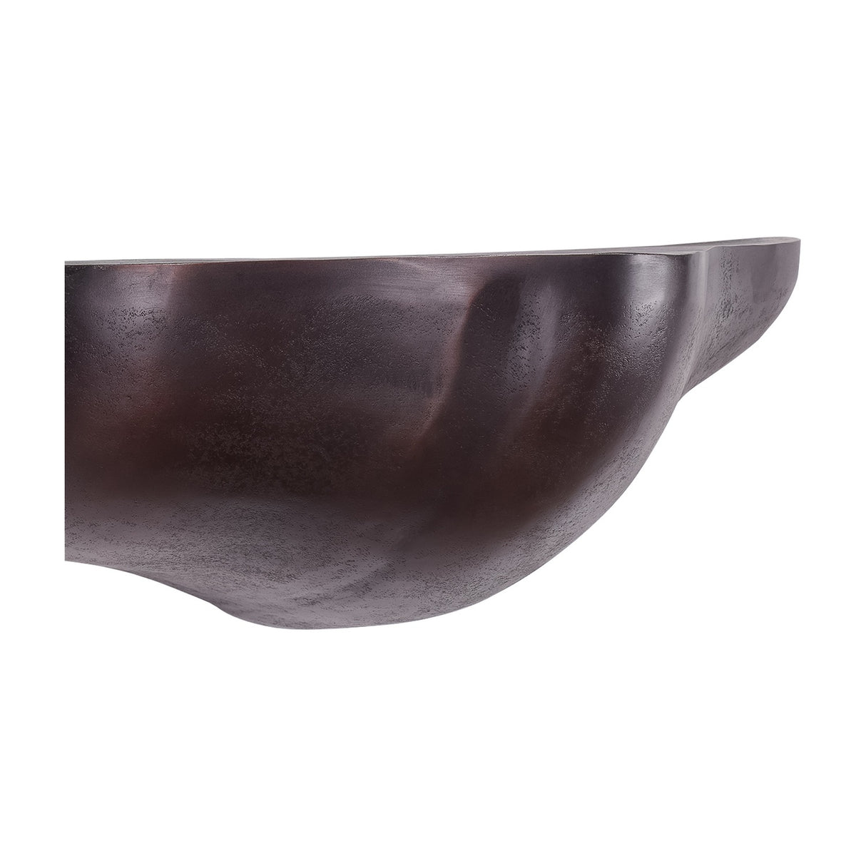 Libra Interiors cast aluminium sculptural wall shelf in bronze, shown in close-up with a softly contoured hollow form and lightly textured finish.