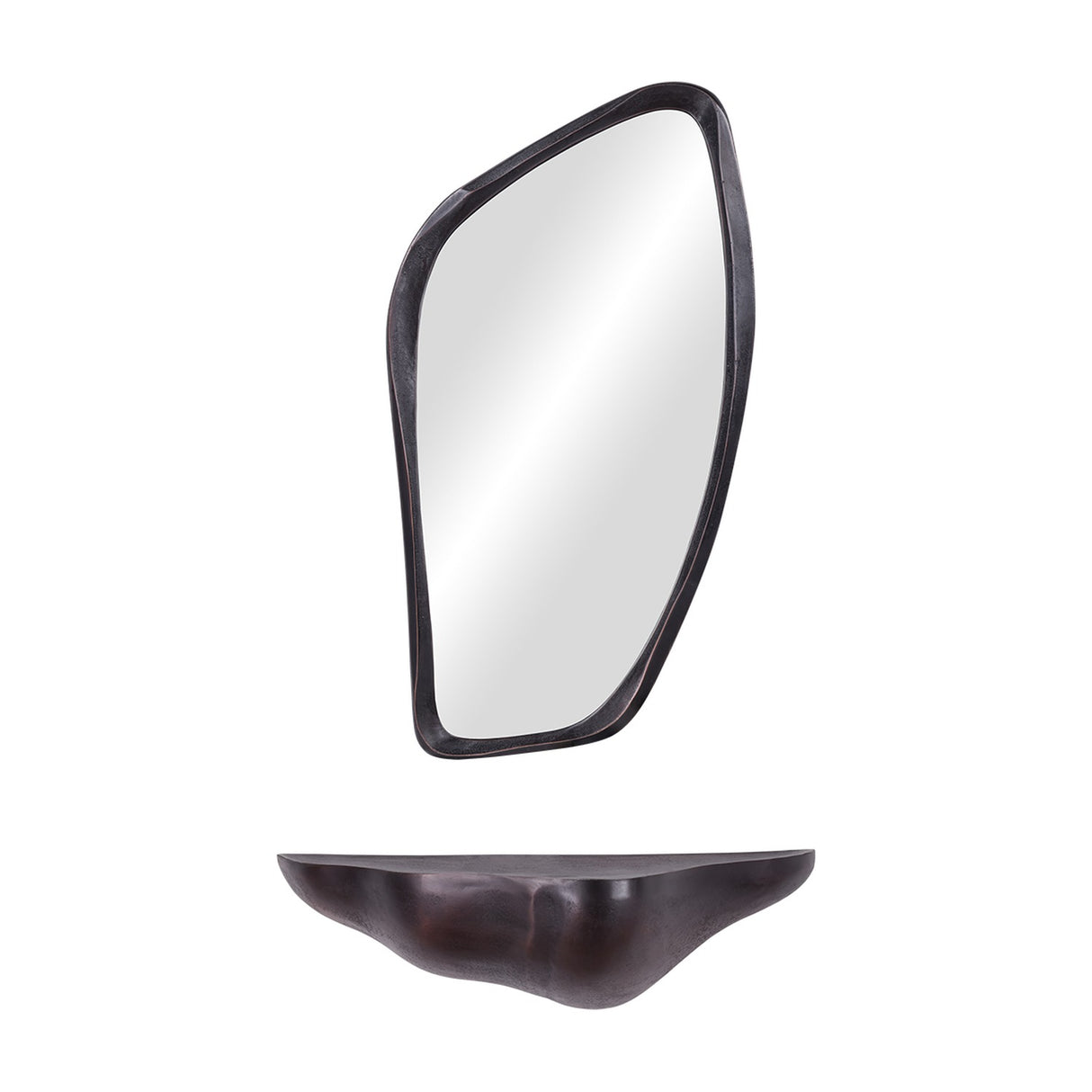 Libra Interiors Cast Aluminium Sculptural Wall Shelf in bronze shown below a matching irregularly shaped bronze-framed wall mirror on a white background.