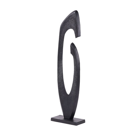Libra Interiors tall black cast aluminium floor sculpture with a textured abstract sweeping curved form and open centre on a rectangular base.