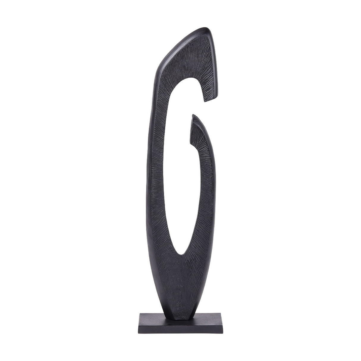 Libra Interiors textured abstract cast aluminium sculpture in matt black with a sweeping curved form and open centre on a flat base.