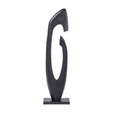 Libra Interiors textured abstract cast aluminium sculpture in matt black with a sweeping curved form and open centre on a flat base.