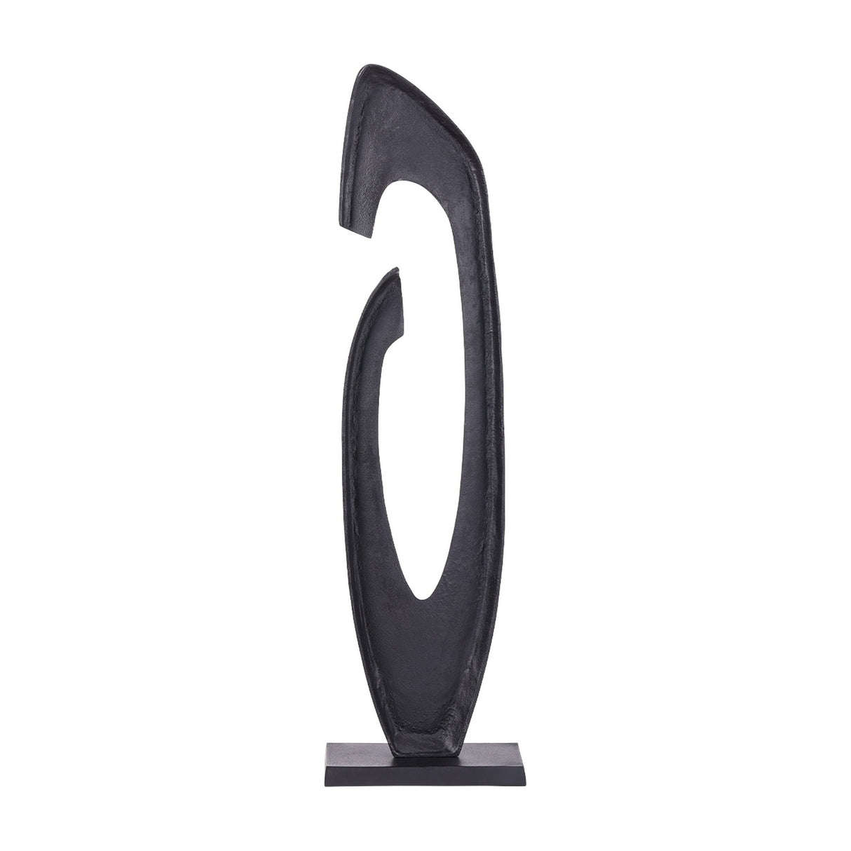 Libra Interiors Textured Abstract Cast Aluminium Sculpture in black, tall floor-standing piece with sweeping curves and open centre on a rectangular base.