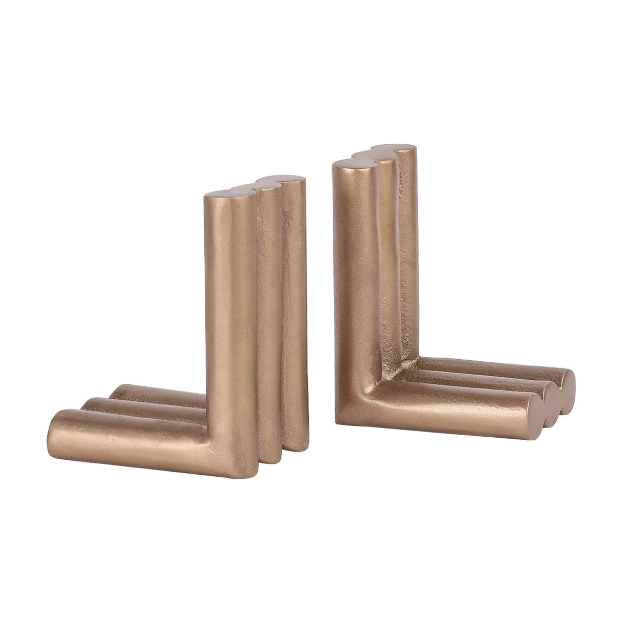Libra Interiors ribbed cast aluminium L-shaped bookends in antique brass, shown as a facing pair with fluted cylindrical columns on a white background.