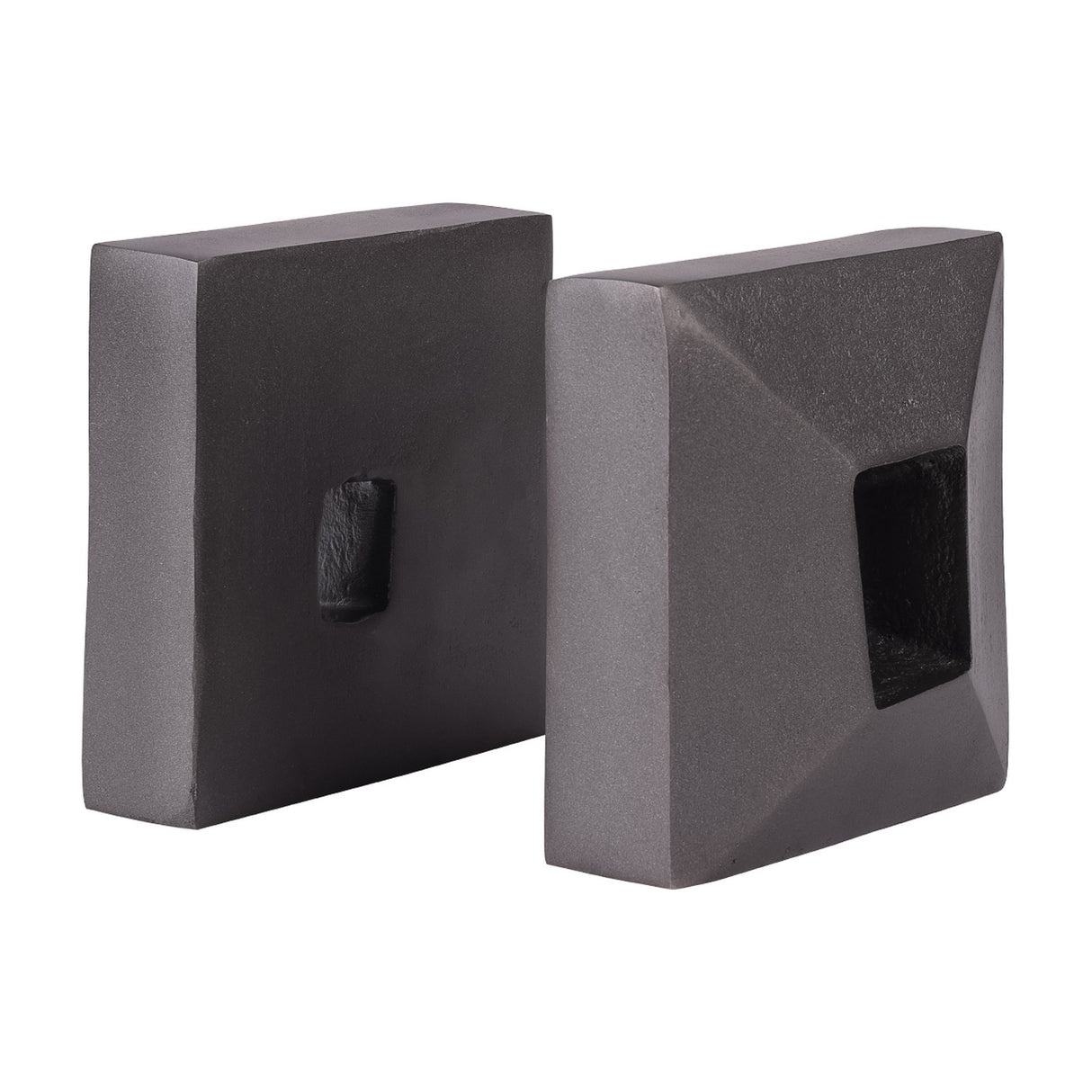 Libra Interiors Textured Cast Aluminium Bookends in grey, a pair of square cast metal blocks with hollowed centres and a lightly textured finish.