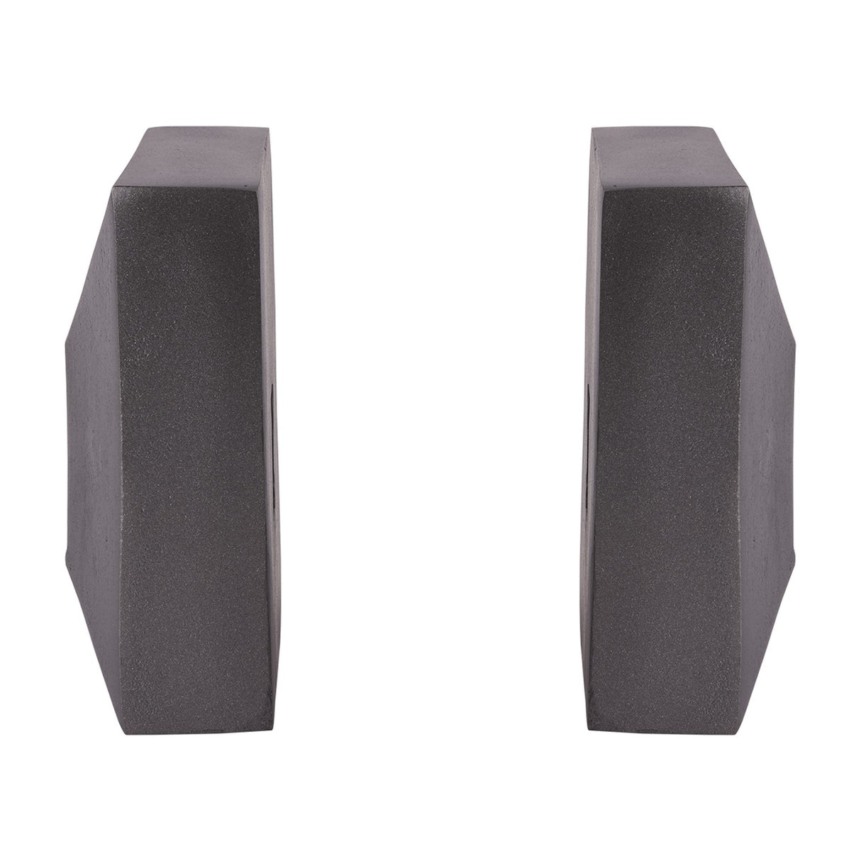 Libra Interiors grey textured cast aluminium bookends, a facing pair of tall geometric blocks with lightly textured finish on a white background.