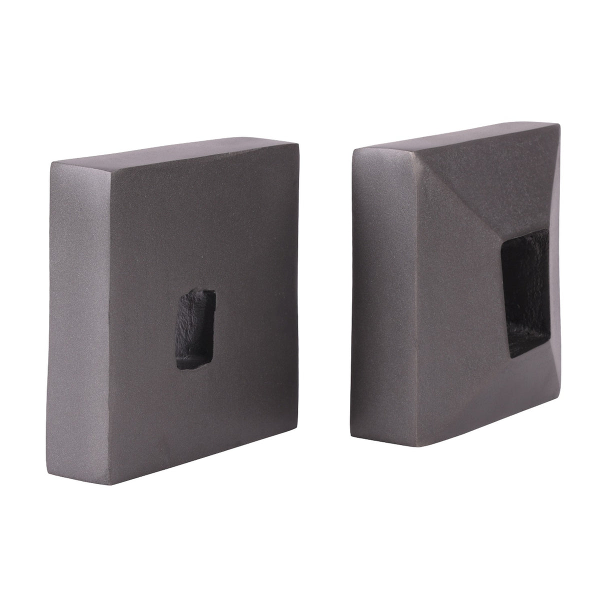 Libra Interiors Textured Cast Aluminium Bookends in grey, a pair of square cast blocks with hollowed centres and lightly textured finish on a white background.