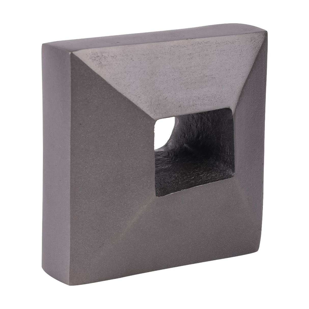 Libra Interiors Textured Cast Aluminium Bookend in antique lead grey, square block form with a hollowed square cut-out, shown on a plain background.