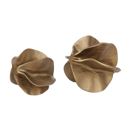 Libra Interiors Petal cast aluminium sculptures in antique brass, shown as two layered folding petal forms with textured surfaces on a white background.