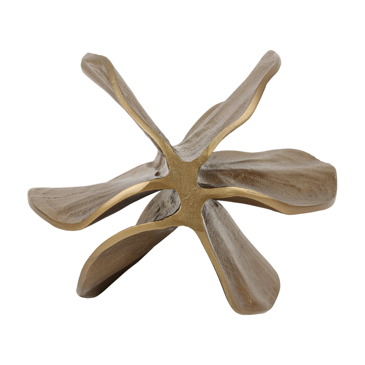 Libra Interiors Petal cast aluminium sculpture in antique brass with layered folding petals and lightly textured surface on a white background.