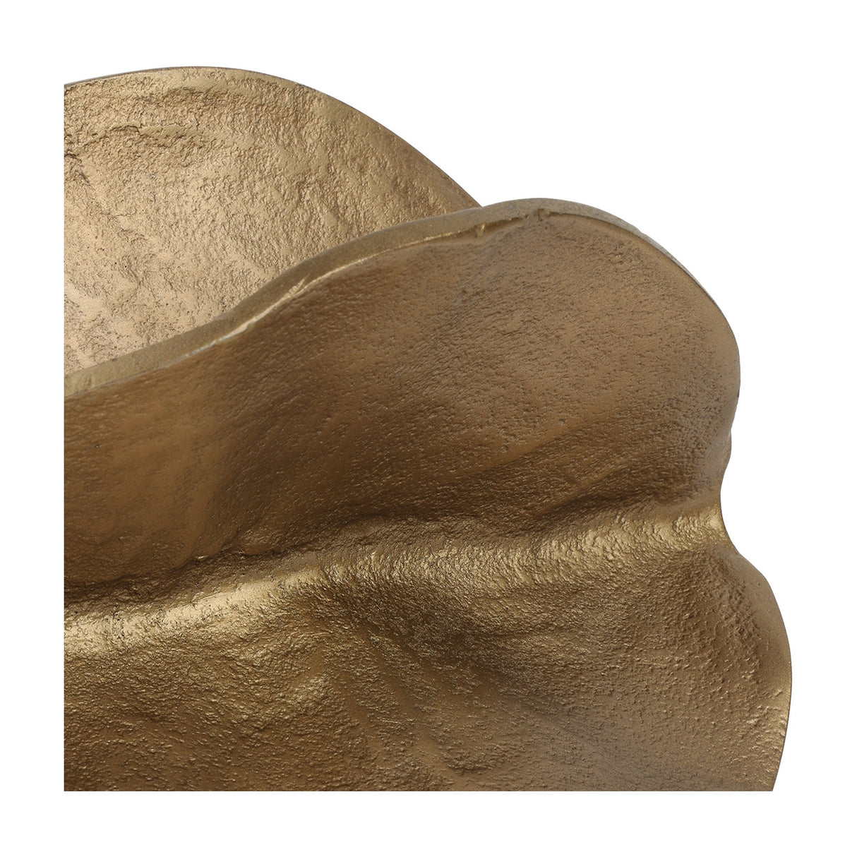 Close-up of the Libra Interiors Petal cast aluminium sculpture in antique brass, showing the layered folding petal curves and lightly textured finish.