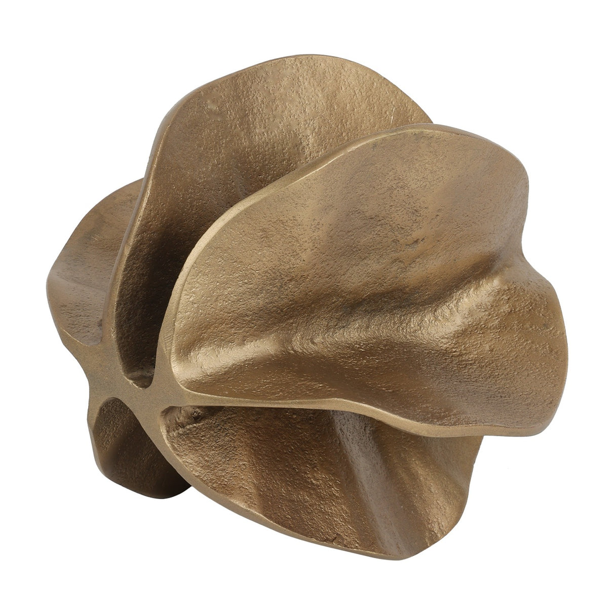Libra Interiors Cast Aluminium Petal Sculpture in antique brass, showing curled, overlapping petal forms with a lightly textured finish on a white background.