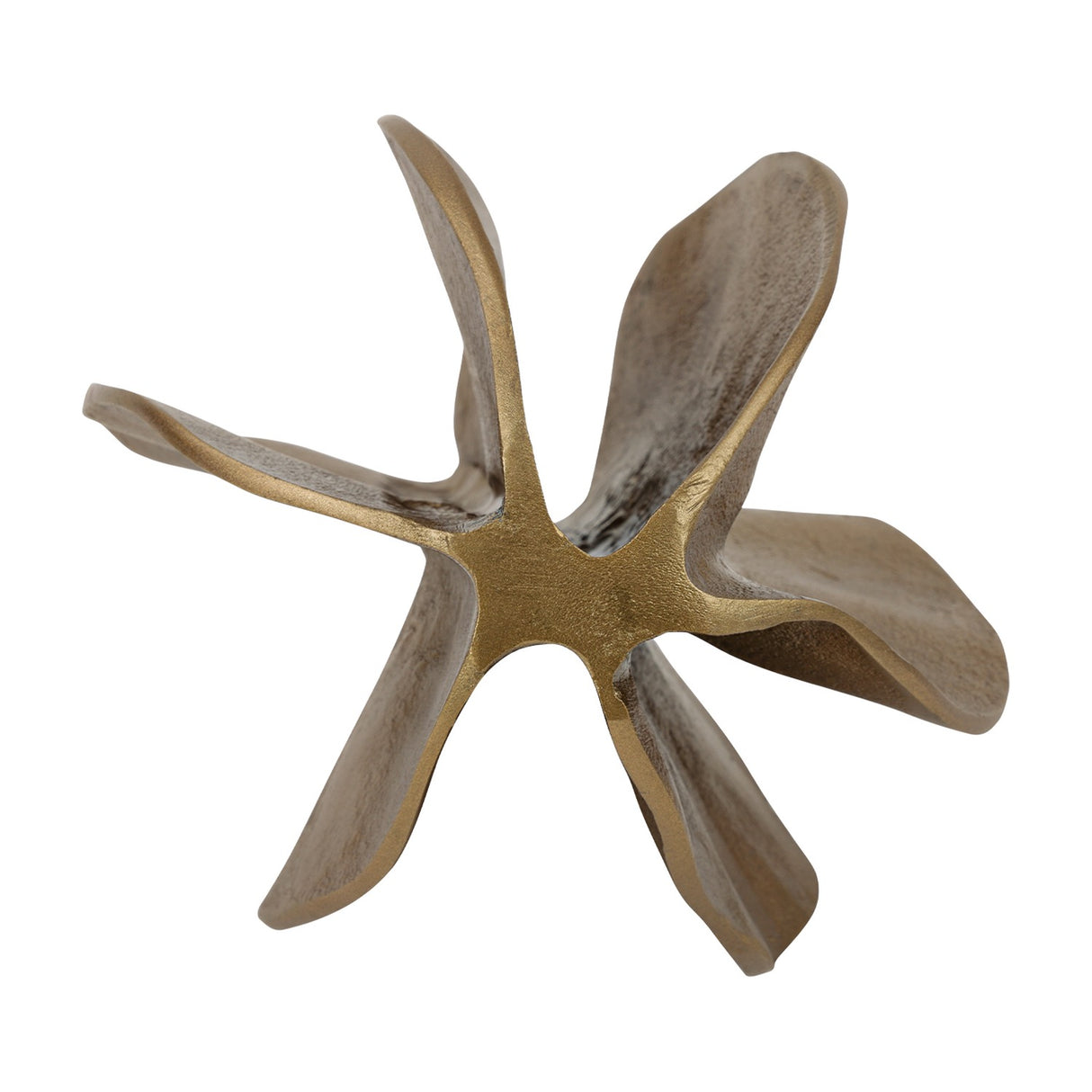 Libra Interiors Cast Aluminium Petal Sculpture in antique brass, top view showing five curled petals radiating from a central point on a white background.
