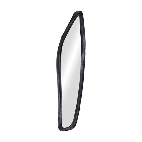Libra Interiors textured cast aluminium organic wall mirror in bronze, shown at a side angle with its tall irregular curved frame on a white background.