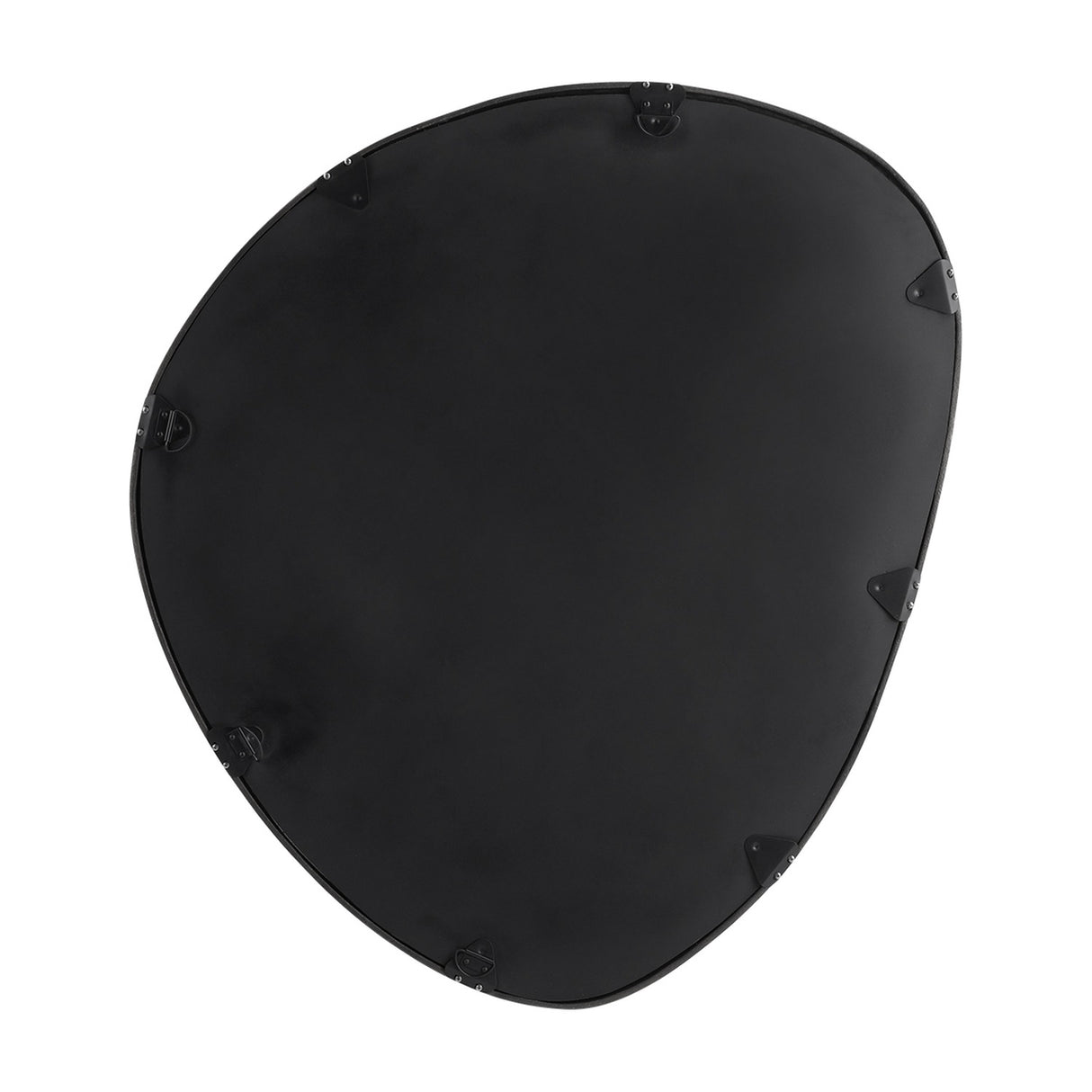 Rear view of the Libra Interiors Textured Organic Cast Aluminium Wall Mirror showing the black backing board with mounting brackets and asymmetric outline.