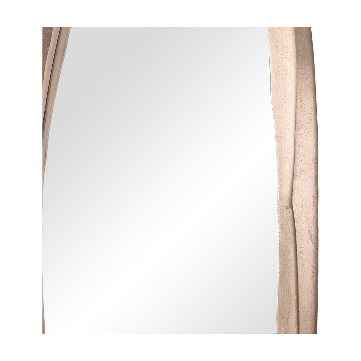 Close-up of the Libra Interiors Textured Organic Cast Aluminium Wall Mirror in antique brass, showing its sculptural frame with irregular edge and texture.