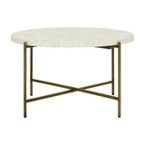 Libra Interiors Bone Inlay Round Coffee Table in white with fluted edge, mosaic bone top and antique brass legs joined by a crossed stretcher.