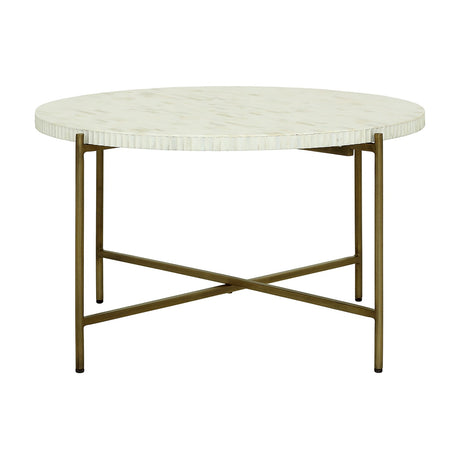 Libra Interiors Bone Inlay Round Coffee Table in white with fluted edge, mosaic bone top and antique brass legs joined by a crossed stretcher.