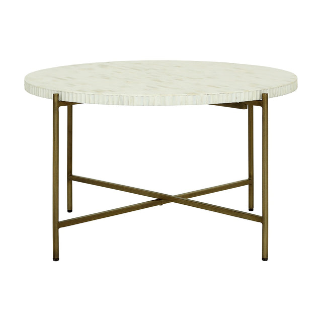Libra Interiors Bone Inlay Round Coffee Table in white with fluted edge, mosaic bone top and antique brass legs joined by a crossed stretcher.