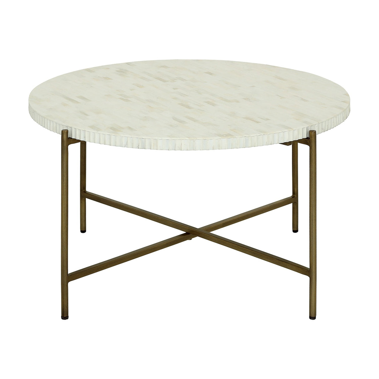 Libra Interiors Bone Inlay Round Coffee Table with white and cream mosaic top, fluted edge and antique brass legs joined by a crossed stretcher.