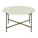 Libra Interiors Bone Inlay Round Coffee Table with white and cream mosaic top, fluted edge and antique brass legs joined by a crossed stretcher.