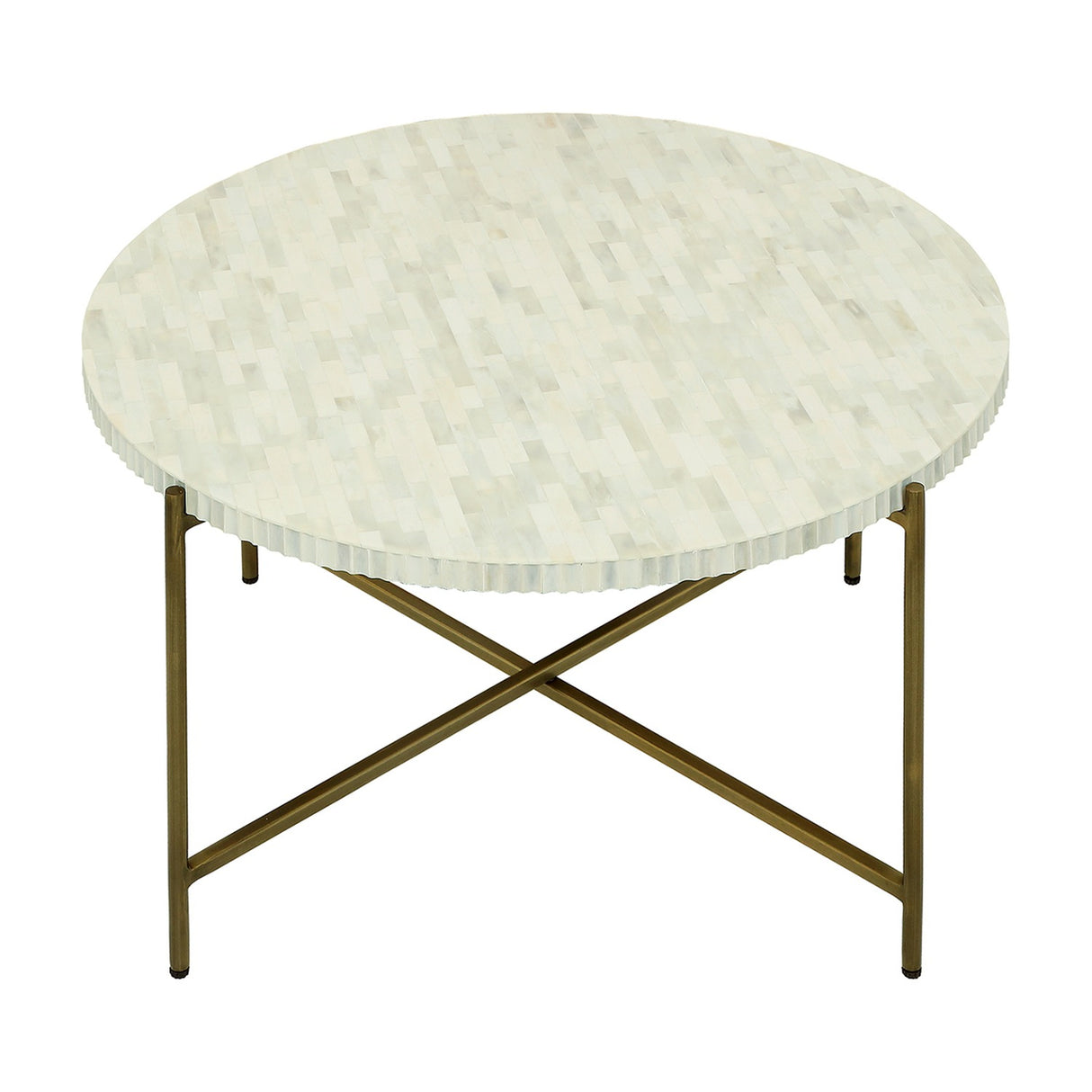 Libra Interiors Bone Inlay Round Coffee Table in white with fluted edge, cream mosaic top and antique brass crossed-stretcher legs on a white background.