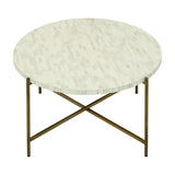 Libra Interiors Bone Inlay Round Coffee Table in white with fluted edge, cream mosaic top and antique brass crossed-stretcher legs on a white background.