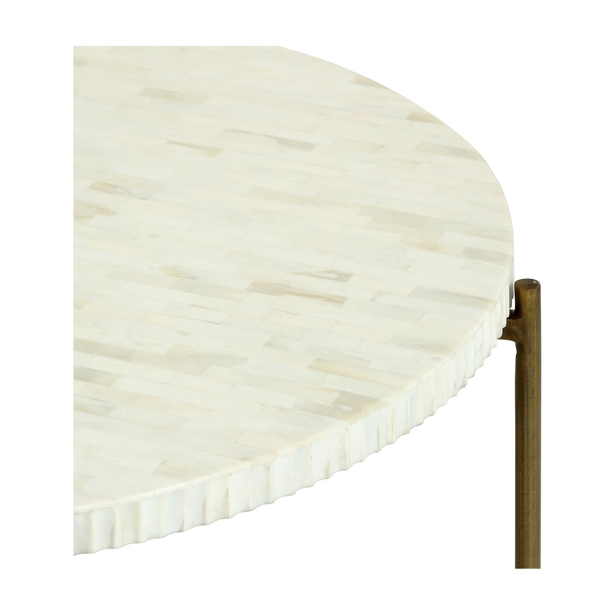 Close-up of Libra Interiors Bone Inlay Round Brass Coffee Table showing the white bone mosaic top, fluted edge and antique brass leg.