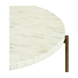 Close-up of Libra Interiors Bone Inlay Round Brass Coffee Table showing the white bone mosaic top, fluted edge and antique brass leg.