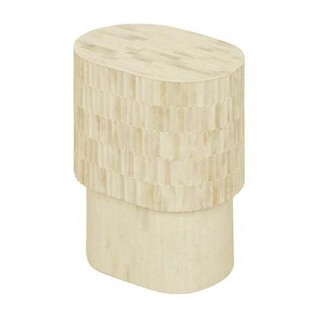 Libra Interiors Tiered Bone Inlay Oval Side Table in cream with a smooth top, tiered textured upper section and oval pedestal base on a white background.