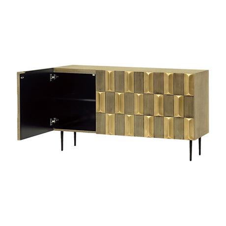 Libra Interiors Sculpted Brass Large Sideboard in antique brass with textured tile front, open left cabinet showing black interior, on slim iron legs.