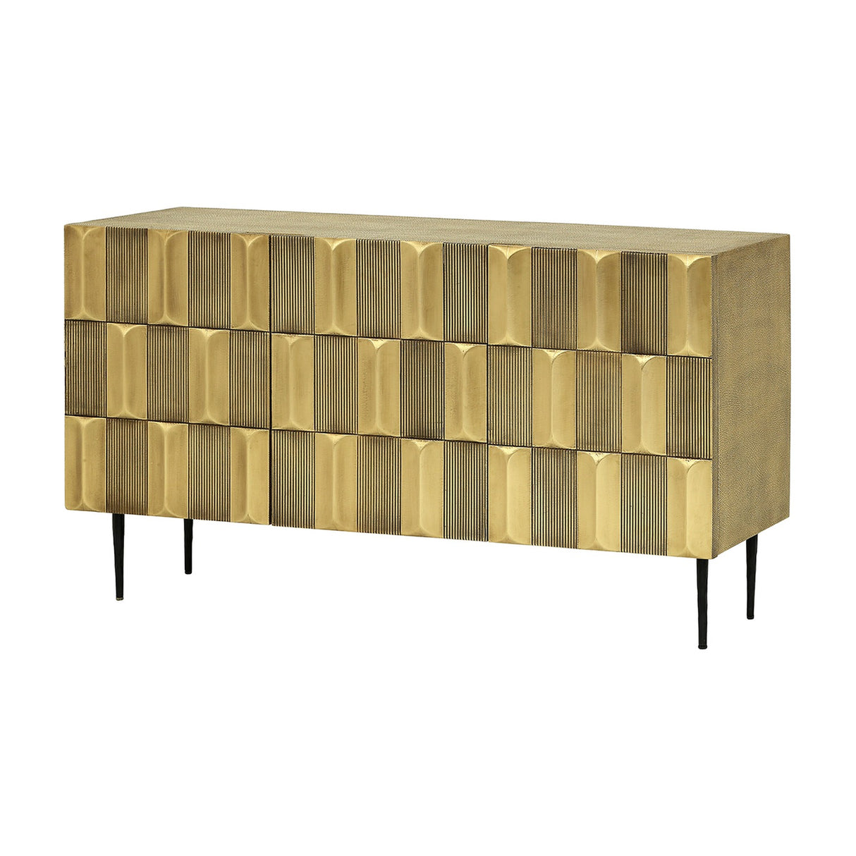 Libra Interiors Sculpted Brass Large Sideboard in antique brass with textured tiled front, shagreen-effect case and slender black iron legs.