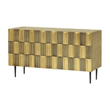 Libra Interiors Sculpted Brass Large Sideboard in antique brass with textured tiled front, shagreen-effect case and slender black iron legs.